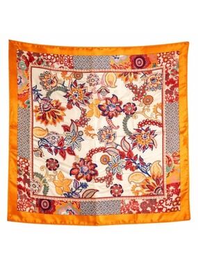 Orange Floral Satin Square Scarf 20x20 Hair Neck Head Wrap Boho